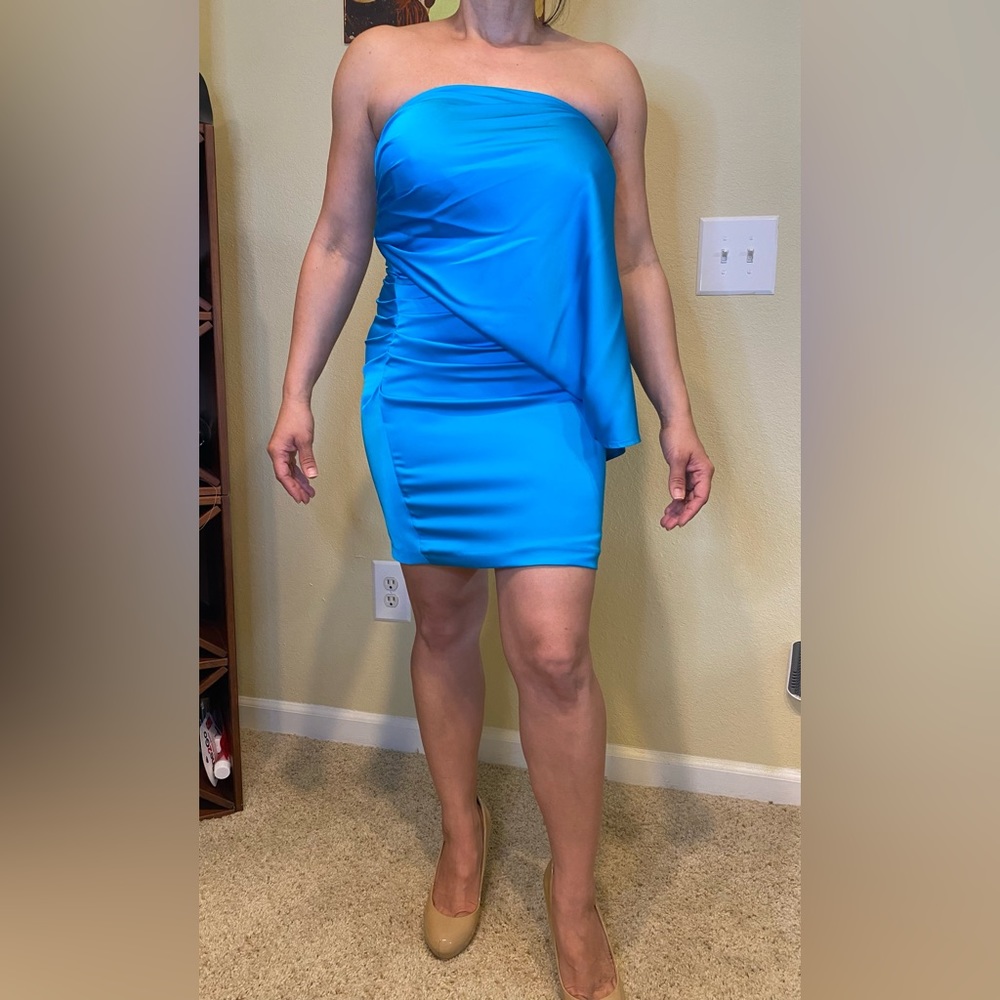 Cache Blue One Shoulder Rouche Side Midi Dress